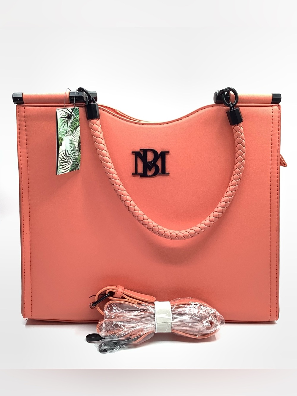 Badgley Mischka Coral Braided-Handle Tote with Top Logo